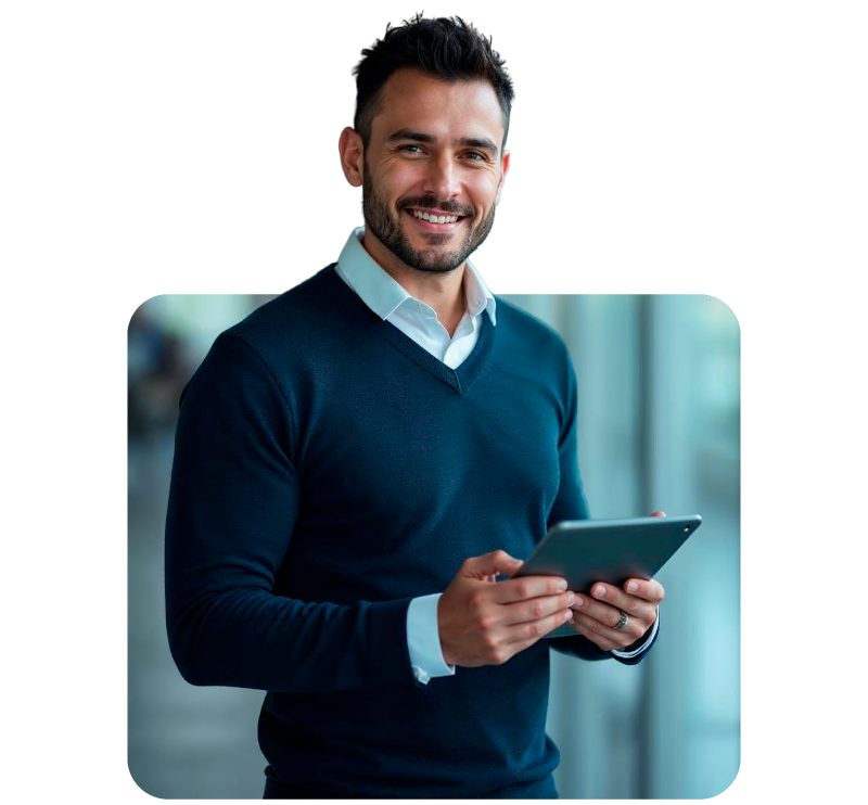 Hombre_con_tableta Un hombre elegante corporativo, sonriendo y sosteniendo una tableta digital